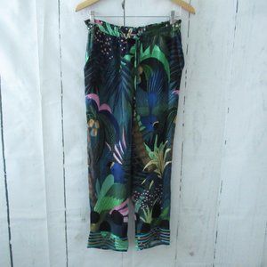 Farm Rio Anthropologie Pants M Blue Floral Bird Tropical Pull On Rainforest